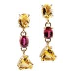 Kolczyki z żółtego złota z rubinami i cytrynami